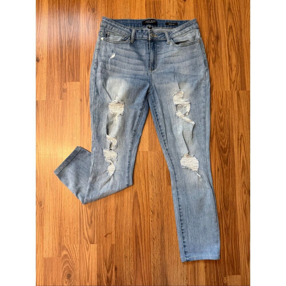 Judy Blue Women's Distressed Mid-Rise Skinny Jeans Blue Denim Light Wash Size 30